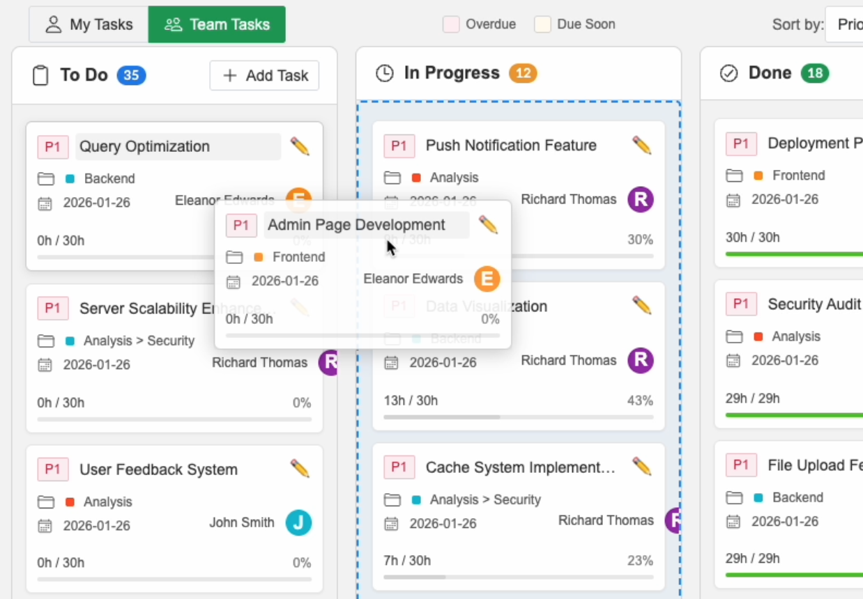 Project management software Kanban board – drag and drop between columns